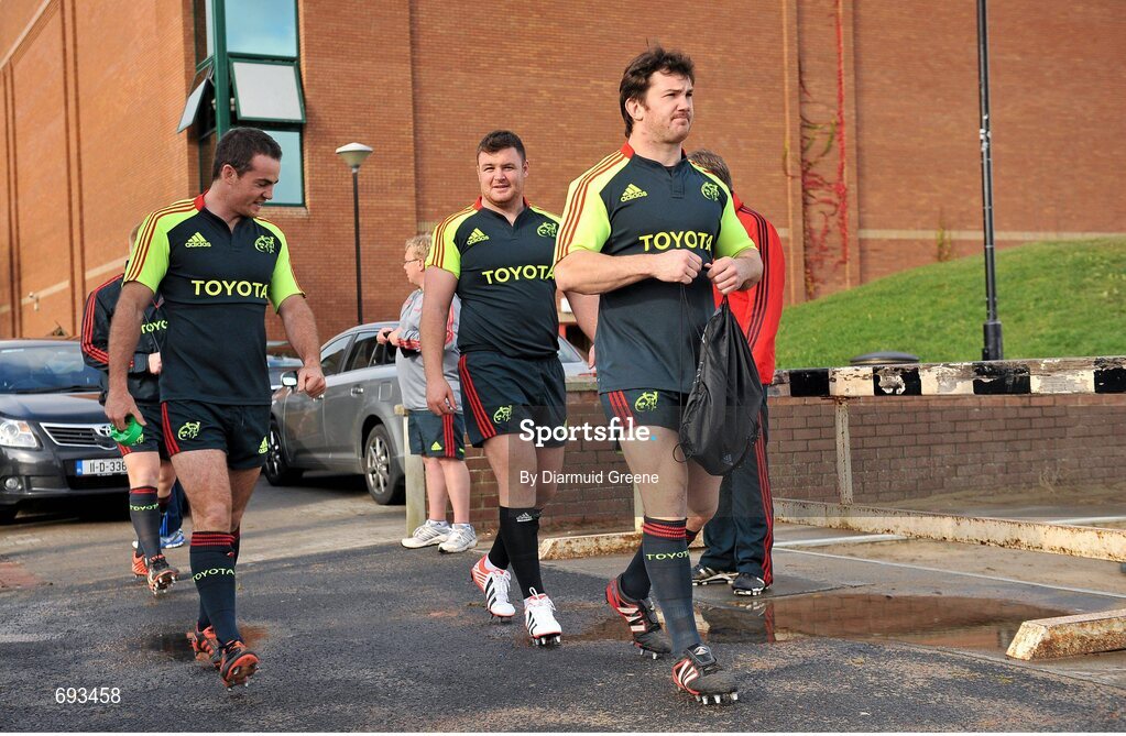 17 October 2012; Munster players, from left to right, Scott Deasy, Dave Kilcoyne and Damien Varley make their way out for squad training ahead of their side's Heineken Cup, Pool 1, Round 2, game against Edinburgh on Sunday. Munster Rugby Squad Training, University of Limerick, Limerick. Picture credit: Diarmuid Greene / SPORTSFILE