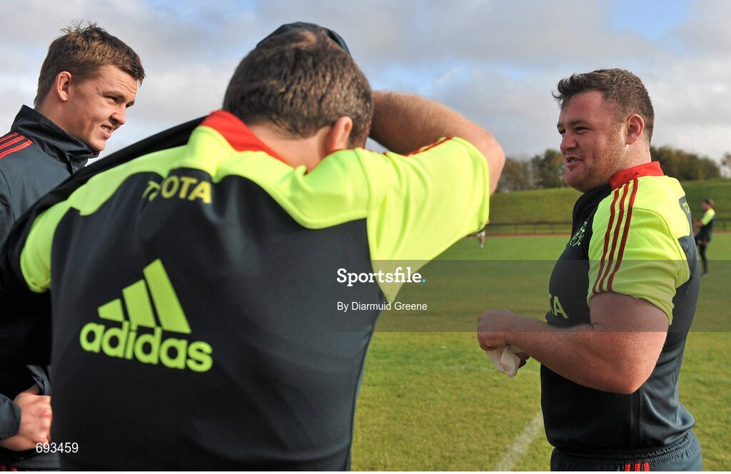 17 October 2012; Munster players, from left to right, Dave Foley, Marcus Horan and Dave Kilcoyne in conversation before squad training ahead of their side's Heineken Cup, Pool 1, Round 2, game against Edinburgh on Sunday. Munster Rugby Squad Training, University of Limerick, Limerick. Picture credit: Diarmuid Greene / SPORTSFILE