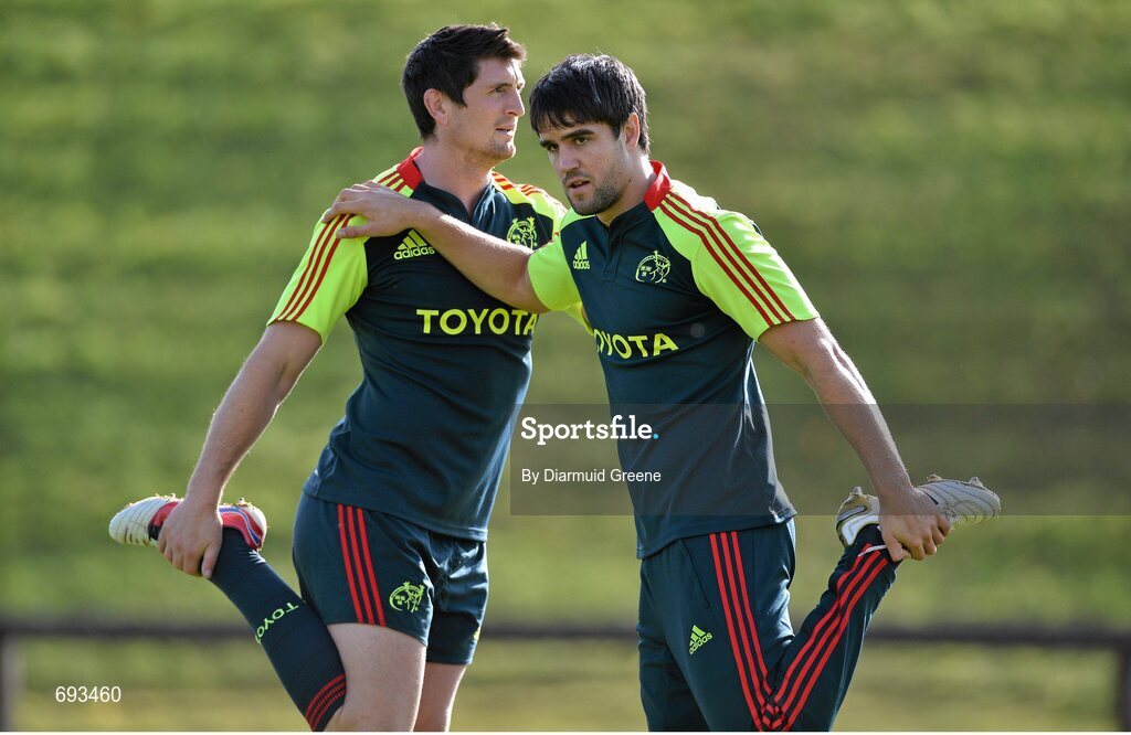 17 October 2012; Munster's James Downey, left, and Conor Murray stretch during squad training ahead of their side's Heineken Cup, Pool 1, Round 2, game against Edinburgh on Sunday. Munster Rugby Squad Training, University of Limerick, Limerick. Picture credit: Diarmuid Greene / SPORTSFILE