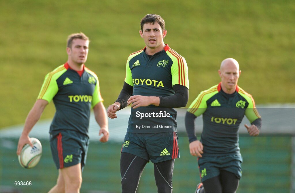 17 October 2012; Munster's JJ Hanrahan, Felix Jones and Peter Stringer during squad training ahead of their side's Heineken Cup, Pool 1, Round 2, game against Edinburgh on Sunday. Munster Rugby Squad Training, University of Limerick, Limerick. Picture credit: Diarmuid Greene / SPORTSFILE