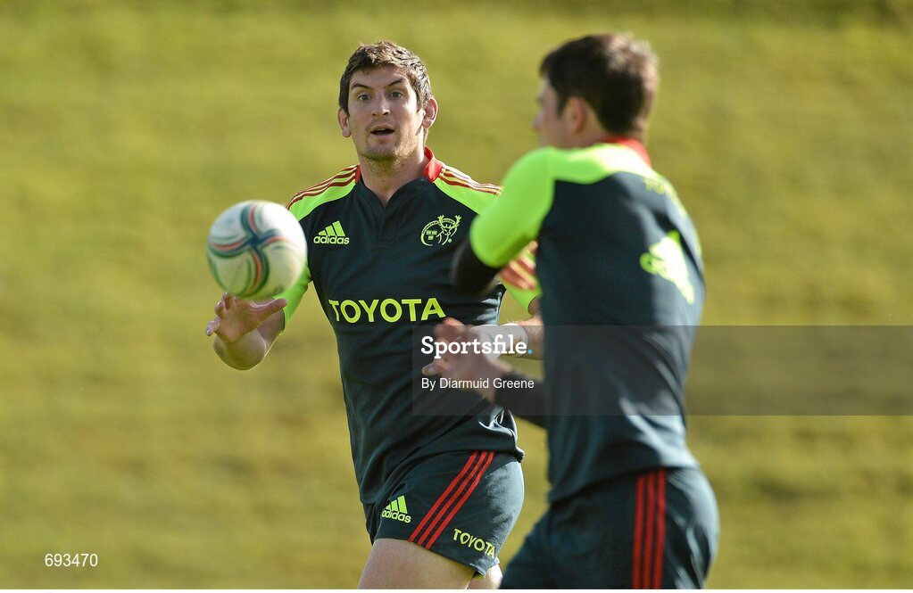 17 October 2012; Munster's James Downey in action during squad training ahead of their side's Heineken Cup, Pool 1, Round 2, game against Edinburgh on Sunday. Munster Rugby Squad Training, University of Limerick, Limerick. Picture credit: Diarmuid Greene / SPORTSFILE