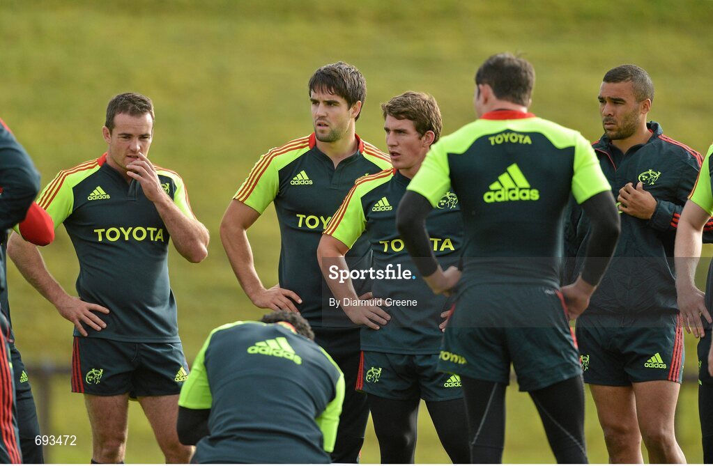 17 October 2012; Munster players, from left to right, Scott Deasy, Conor Murray, Ian Keatley and Simon Zebo during squad training ahead of their side's Heineken Cup, Pool 1, Round 2, game against Edinburgh on Sunday. Munster Rugby Squad Training, University of Limerick, Limerick. Picture credit: Diarmuid Greene / SPORTSFILE
