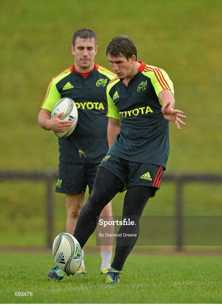 17 October 2012; Munster's Ian Keatley, right, and JJ Hanrahan during squad training ahead of their side's Heineken Cup, Pool 1, Round 2, game against Edinburgh on Sunday. Munster Rugby Squad Training, University of Limerick, Limerick. Picture credit: Diarmuid Greene / SPORTSFILE