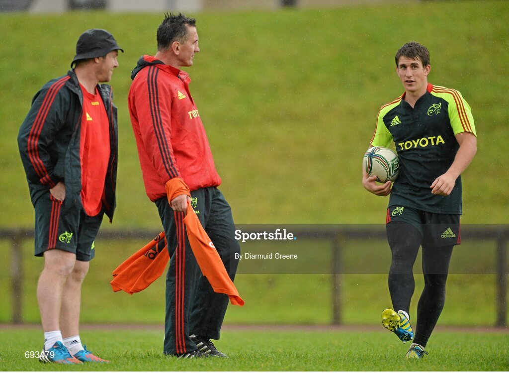 17 October 2012; Munster's Ian Keatley in conversation with head coach Rob Penney and backs coach Simon Mannix, left, during squad training ahead of their side's Heineken Cup, Pool 1, Round 2, game against Edinburgh on Sunday. Munster Rugby Squad Training, University of Limerick, Limerick. Picture credit: Diarmuid Greene / SPORTSFILE