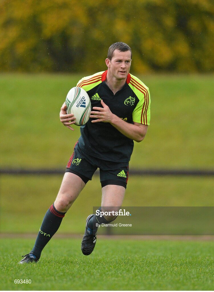 17 October 2012; Munster's Denis Hurley in action during squad training ahead of their side's Heineken Cup, Pool 1, Round 2, game against Edinburgh on Sunday. Munster Rugby Squad Training, University of Limerick, Limerick. Picture credit: Diarmuid Greene / SPORTSFILE