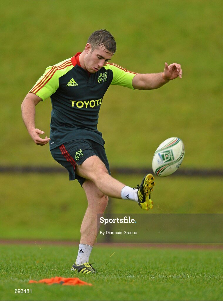 17 October 2012; Munster's JJ Hanrahan in action during squad training ahead of their side's Heineken Cup, Pool 1, Round 2, game against Edinburgh on Sunday. Munster Rugby Squad Training, University of Limerick, Limerick. Picture credit: Diarmuid Greene / SPORTSFILE
