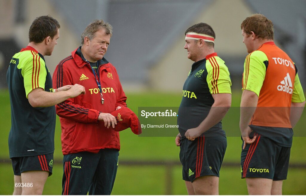 17 October 2012; Munster forwards, from left to right, Mike Sherry, Dave Kilcoyne and Stephen Archer in conversation with scrum coach Paul McCarthy during squad training ahead of their side's Heineken Cup, Pool 1, Round 2, game against Edinburgh on Sunday. Munster Rugby Squad Training, University of Limerick, Limerick. Picture credit: Diarmuid Greene / SPORTSFILE