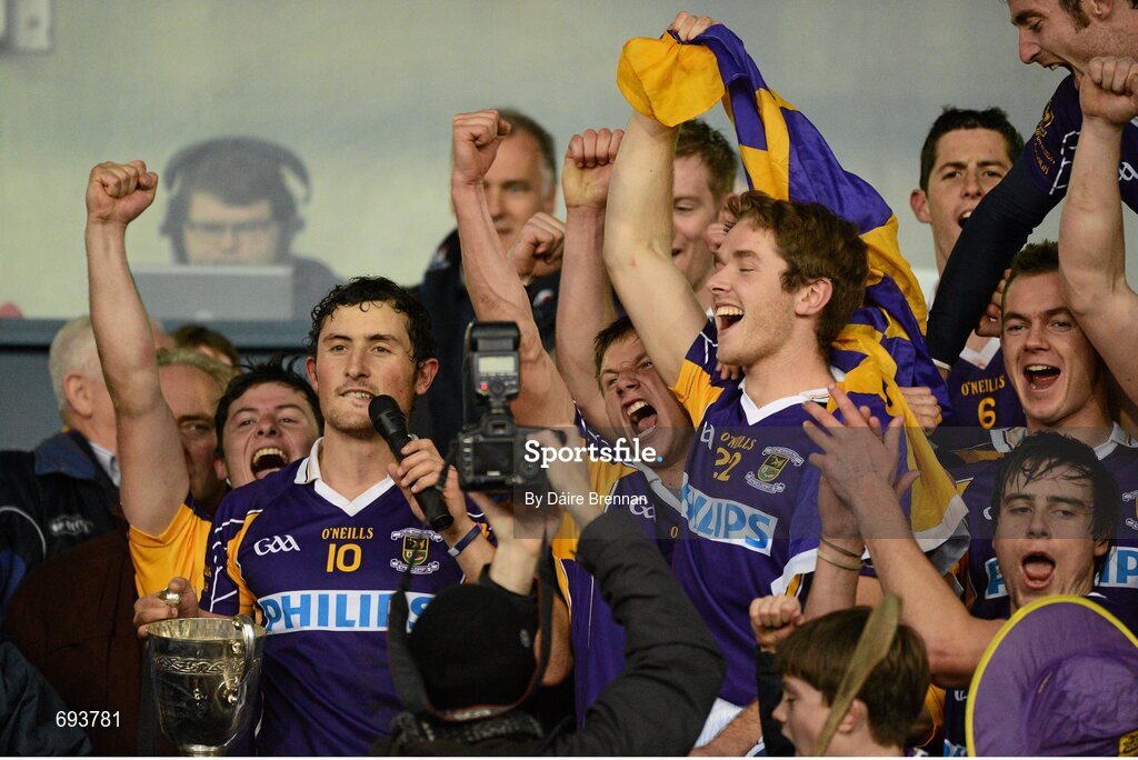 14 October 2012; Kilmacud Crokes players, left to right, Bill O'Carroll, Ross O'Carroll, Dillon Mulligan, Conor Clinton, Kevin O'Loughlin, Rory O'Carroll, Seán McGrath, Barry O'Rorke and Ryan O'Dwyer, celebrate with the cup. Dublin County Senior Hurling Championship Final, Cuala v Kilmacud Crokes, Parnell Park, Dublin. Picture credit: Dáire Brennan / SPORTSFILE