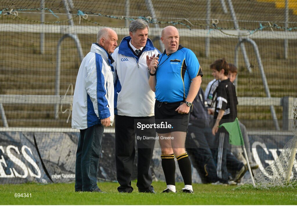 21 October 2012; Referee Richard Moloney in conversation with umpires Michael Moloney, left, and Tadhg O'Sullivan, centre, following an incident invlolving James Kelly of Newcastlewest. Limerick County Senior Football Championship Final, Dromcollogher Broadford v Newcastlewest, Gaelic Grounds, Limerick. Picture credit: Diarmuid Greene / SPORTSFILE