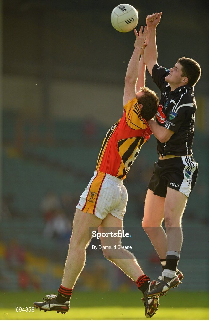 21 October 2012; Ian Corbett, Newcastlewest, in action against Seanie Buckley, Dromcollogher Broadford. Limerick County Senior Football Championship Final, Dromcollogher Broadford v Newcastlewest, Gaelic Grounds, Limerick. Picture credit: Diarmuid Greene / SPORTSFILE