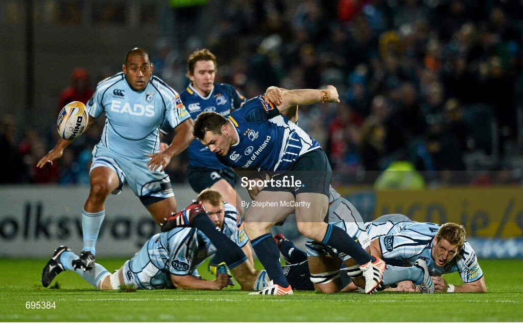 27 October 2012; Cian Healy, Leinster, is tackled by Josh Navidi, Cardiff Blues. Celtic League 2012/13, Round 7, Leinster v Cardiff Blues, RDS, Ballsbridge, Dublin. Picture credit: Stephen McCarthy / SPORTSFILE