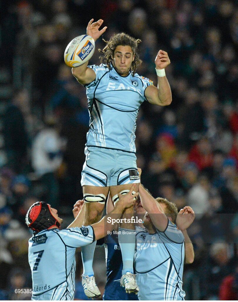 27 October 2012; Josh Navidi, Cardiff Blues, takes the ball in the lineout against Leinster. Celtic League 2012/13, Round 7, Leinster v Cardiff Blues, RDS, Ballsbridge, Dublin. Picture credit: Matt Browne / SPORTSFILE