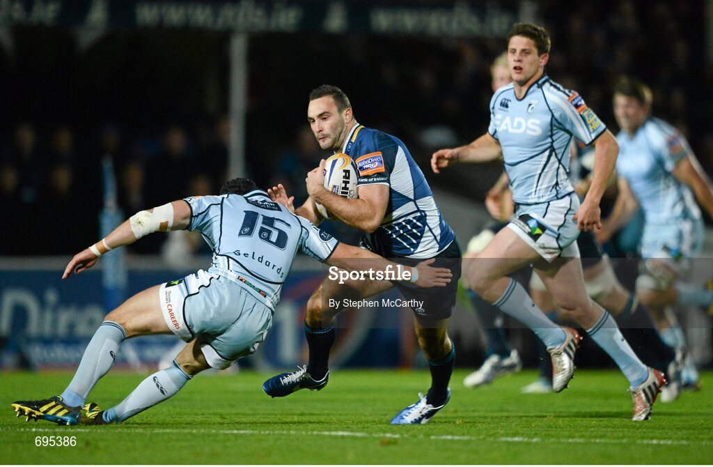 27 October 2012; Dave Kearney, Leinster, is tackled by Leigh Halfpenny, Cardiff Blues. Celtic League 2012/13, Round 7, Leinster v Cardiff Blues, RDS, Ballsbridge, Dublin. Picture credit: Stephen McCarthy / SPORTSFILE