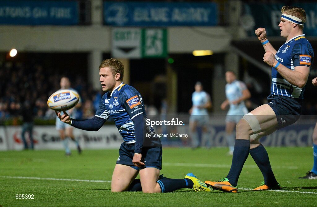 27 October 2012; Ian Madigan, Leinster, celebrates after scoring his side's second try with team-mate Jamie Heaslip, right. Celtic League 2012/13, Round 7, Leinster v Cardiff Blues, RDS, Ballsbridge, Dublin. Picture credit: Stephen McCarthy / SPORTSFILE