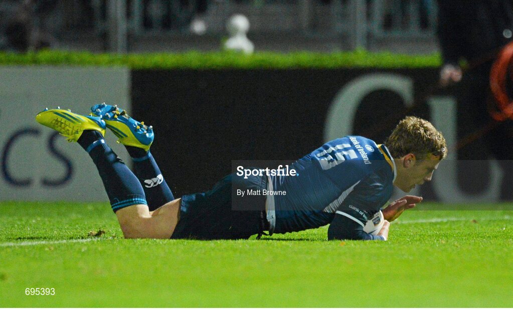 27 October 2012; Ian Madigan, Leinster, scores the second try for Leinster. Celtic League 2012/13, Round 7, Leinster v Cardiff Blues, RDS, Ballsbridge, Dublin. Picture credit: Matt Browne / SPORTSFILE