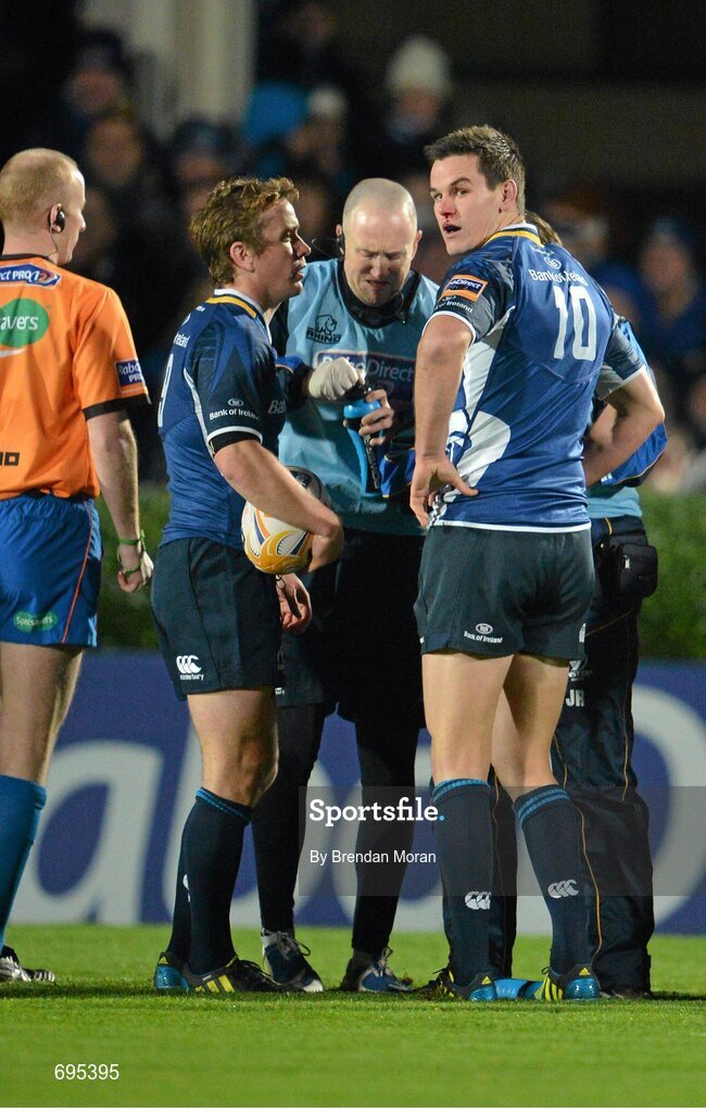27 October 2012; Leinster's Jonathan Sexton receives treatment for a bloodied nose early in the game. Celtic League 2012/13, Round 7, Leinster v Cardiff Blues, RDS, Ballsbridge, Dublin. Picture credit: Brendan Moran / SPORTSFILE