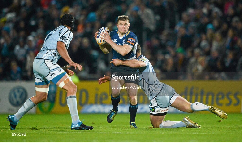 27 October 2012; Brian O'Driscoll, Leinster, is tackled by Jamie Roberts, Cardiff Blues. Celtic League 2012/13, Round 7, Leinster v Cardiff Blues, RDS, Ballsbridge, Dublin. Picture credit: Stephen McCarthy / SPORTSFILE
