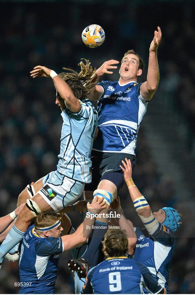 27 October 2012; Devin Toner, Leinster, contests the lineout with Josh Navidi, Cardiff Blues. Celtic League 2012/13, Round 7, Leinster v Cardiff Blues, RDS, Ballsbridge, Dublin. Picture credit: Brendan Moran / SPORTSFILE