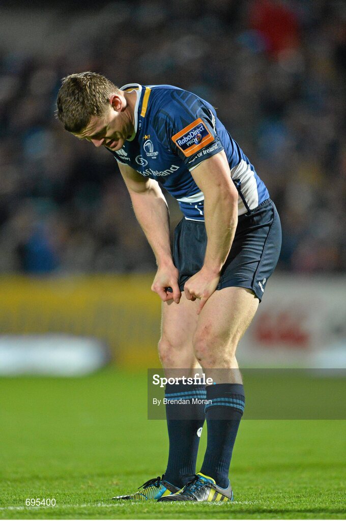27 October 2012; Leinster's Brian O'Driscoll reacts before leaving the pitch with a leg injury. Celtic League 2012/13, Round 7, Leinster v Cardiff Blues, RDS, Ballsbridge, Dublin. Picture credit: Brendan Moran / SPORTSFILE