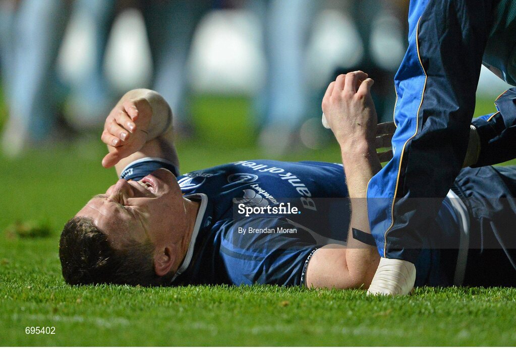 27 October 2012; Leinster's Brian O'Driscoll reacts after receiving a leg injury in the first half. Celtic League 2012/13, Round 7, Leinster v Cardiff Blues, RDS, Ballsbridge, Dublin. Picture credit: Brendan Moran / SPORTSFILE