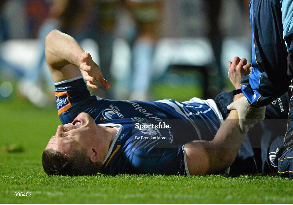 27 October 2012; Leinster's Brian O'Driscoll reacts after receiving a leg injury in the first half. Celtic League 2012/13, Round 7, Leinster v Cardiff Blues, RDS, Ballsbridge, Dublin. Picture credit: Brendan Moran / SPORTSFILE