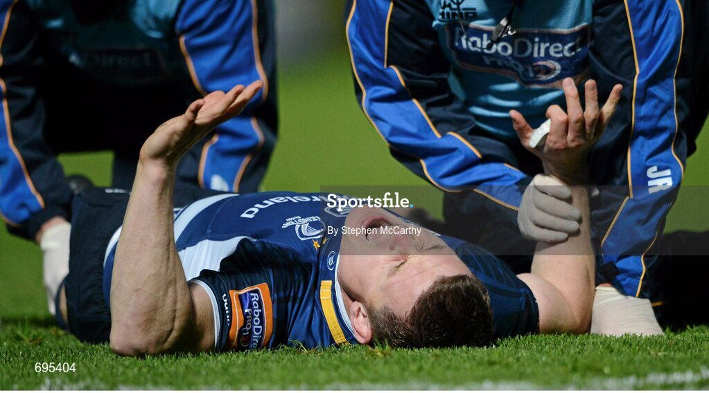 27 October 2012; Brian O'Driscoll, Leinster, reacts after receiving a leg injury in the first half. Celtic League 2012/13, Round 7, Leinster v Cardiff Blues, RDS, Ballsbridge, Dublin. Picture credit: Stephen McCarthy / SPORTSFILE