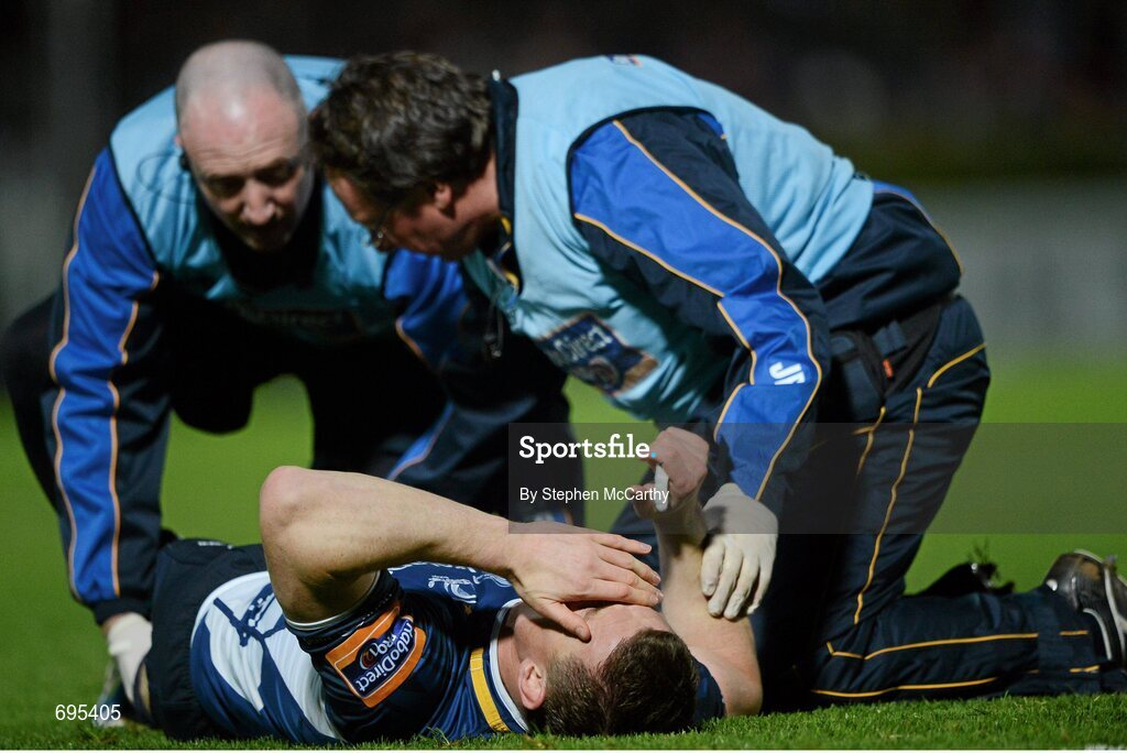 27 October 2012; Brian O'Driscoll, Leinster, reacts after receiving a leg injury in the first half. Celtic League 2012/13, Round 7, Leinster v Cardiff Blues, RDS, Ballsbridge, Dublin. Picture credit: Stephen McCarthy / SPORTSFILE