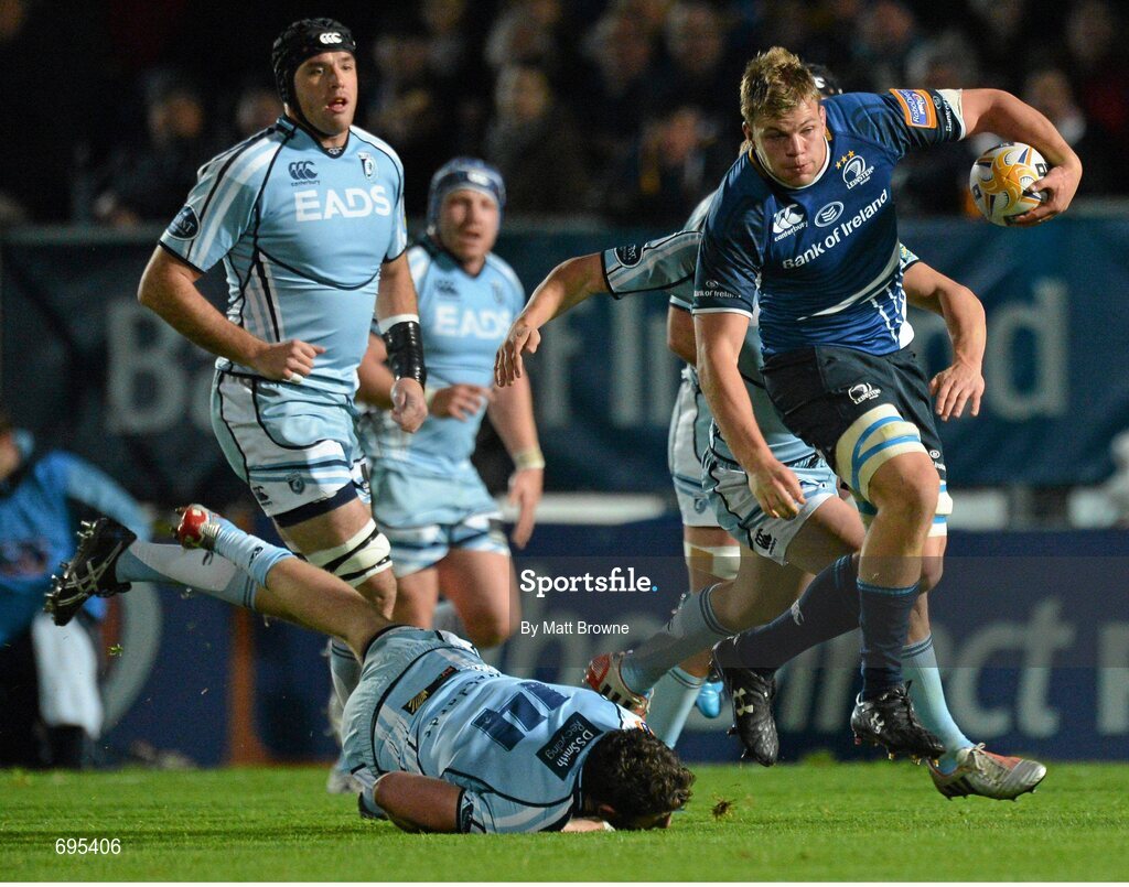 27 October 2012; Jordi Murphy, Leinster, gets past the tackle of Alex Cuthbert, Cardiff Blues. Celtic League 2012/13, Round 7, Leinster v Cardiff Blues, RDS, Ballsbridge, Dublin. Picture credit: Matt Browne / SPORTSFILE