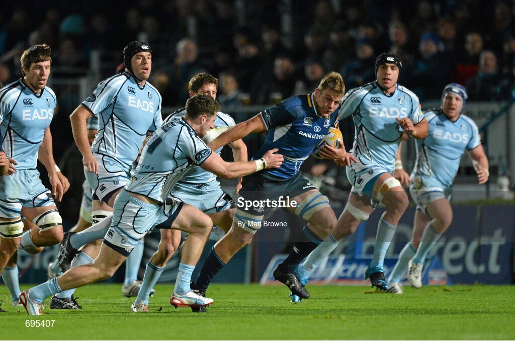 27 October 2012; Jordi Murphy, Leinster, is tackled by Alex Cuthbert, Cardiff Blues. Celtic League 2012/13, Round 7, Leinster v Cardiff Blues, RDS, Ballsbridge, Dublin. Picture credit: Matt Browne / SPORTSFILE