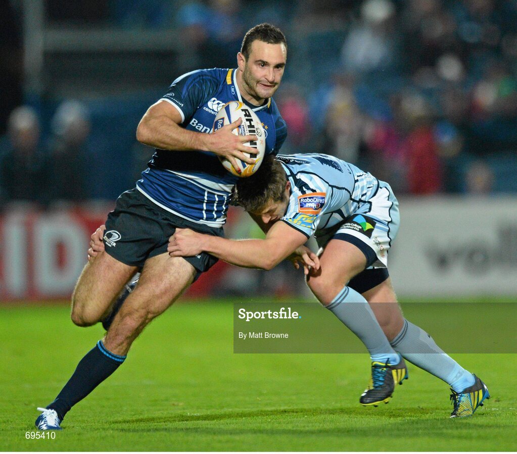27 October 2012; David Kearney, Leinster, is tackled by Jason Tovey, Cardiff Blues. Celtic League 2012/13, Round 7, Leinster v Cardiff Blues, RDS, Ballsbridge, Dublin. Picture credit: Matt Browne / SPORTSFILE