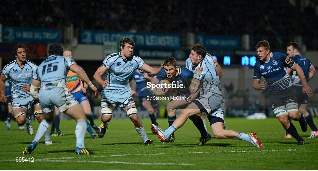 27 October 2012; Brian O'Driscoll, Leinster, is tackled by Alex Cuthbert, Cardiff Blues, moments before going down with an injury. Celtic League 2012/13, Round 7, Leinster v Cardiff Blues, RDS, Ballsbridge, Dublin. Picture credit: Stephen McCarthy / SPORTSFILE