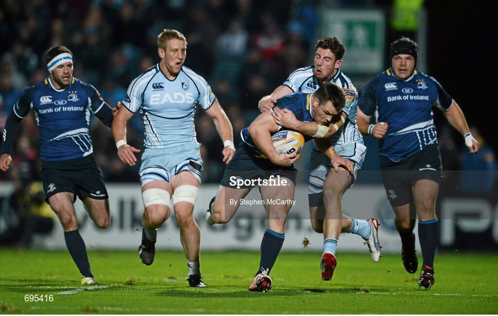 27 October 2012; Cian Healy, Leinster, is tackled by Alex Cuthbert, Cardiff Blues. Celtic League 2012/13, Round 7, Leinster v Cardiff Blues, RDS, Ballsbridge, Dublin. Picture credit: Stephen McCarthy / SPORTSFILE