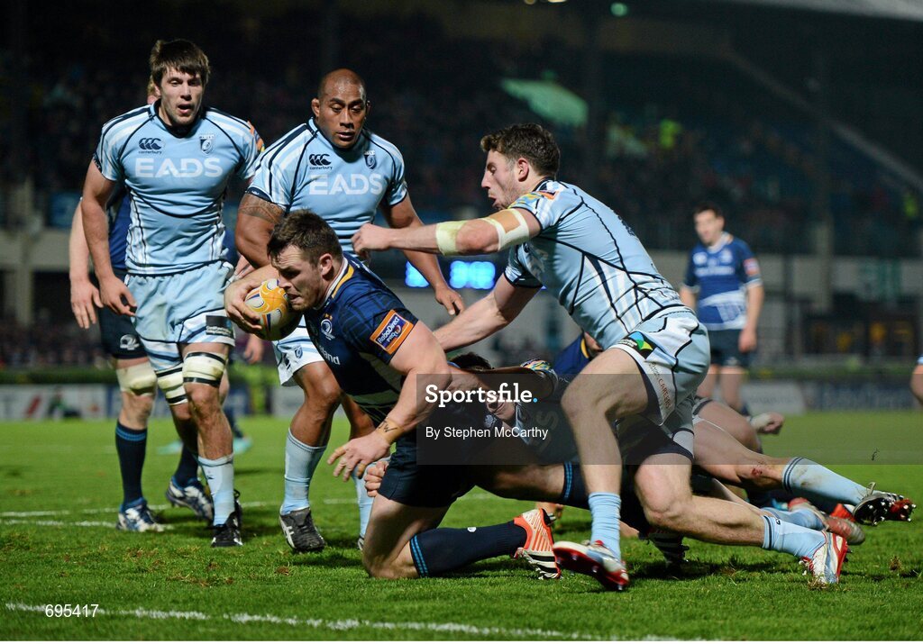 27 October 2012; Cian Healy, Leinster, goes over for his side's sixth try. Celtic League 2012/13, Round 7, Leinster v Cardiff Blues, RDS, Ballsbridge, Dublin. Picture credit: Stephen McCarthy / SPORTSFILE