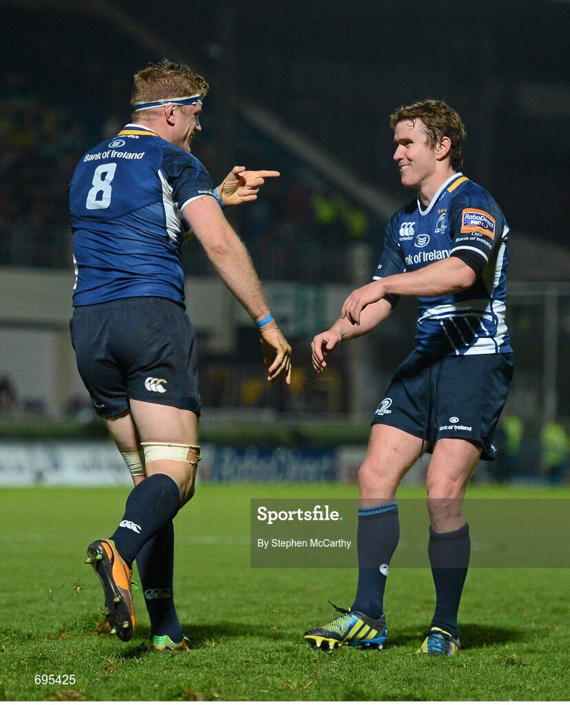 27 October 2012; Jamie Heaslip, Leinster, celebrates after scoring his side's fifth try with team-mate Eoin Reddan, right. Celtic League 2012/13, Round 7, Leinster v Cardiff Blues, RDS, Ballsbridge, Dublin. Picture credit: Stephen McCarthy / SPORTSFILE