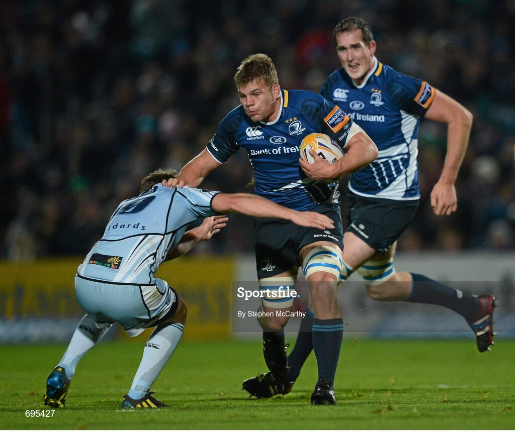 27 October 2012; Jordi Murphy, Leinster, is tackled by Jason Tovey, Cardiff Blues. Celtic League 2012/13, Round 7, Leinster v Cardiff Blues, RDS, Ballsbridge, Dublin. Picture credit: Stephen McCarthy / SPORTSFILE