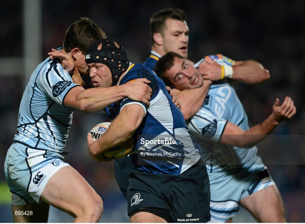27 October 2012; Richardt Strauss, Leinster, is tackled by Lloyd Williams, Cardiff Blues. Celtic League 2012/13, Round 7, Leinster v Cardiff Blues, RDS, Ballsbridge, Dublin. Picture credit: Stephen McCarthy / SPORTSFILE