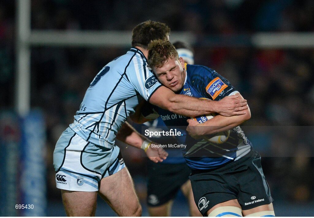 27 October 2012; Jordi Murphy, Leinster, is tackled by Dafydd Hewitt, Cardiff Blues. Celtic League 2012/13, Round 7, Leinster v Cardiff Blues, RDS, Ballsbridge, Dublin. Picture credit: Stephen McCarthy / SPORTSFILE