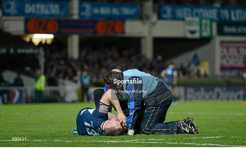 27 October 2012; Brian O'Driscoll, Leinster, is attended to after picking up an injury. Celtic League 2012/13, Round 7, Leinster v Cardiff Blues, RDS, Ballsbridge, Dublin. Picture credit: Stephen McCarthy / SPORTSFILE