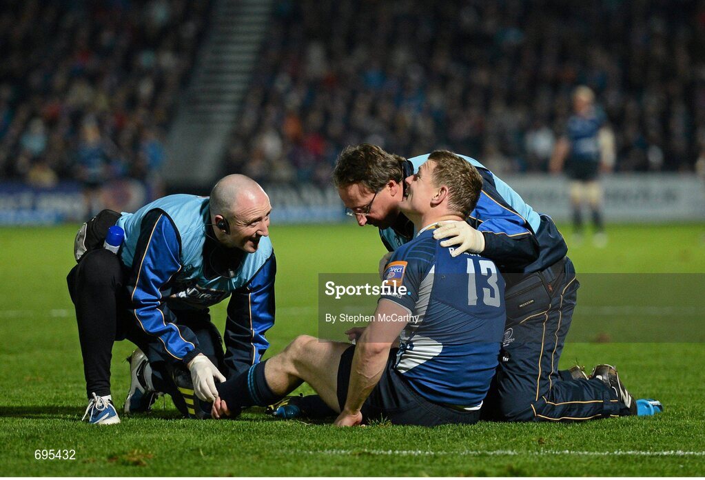 27 October 2012; Brian O'Driscoll, Leinster, is attended to by team physiotherapist Garreth Farrell, left, and team doctor John Ryan after picking up an injury. Celtic League 2012/13, Round 7, Leinster v Cardiff Blues, RDS, Ballsbridge, Dublin. Picture credit: Stephen McCarthy / SPORTSFILE