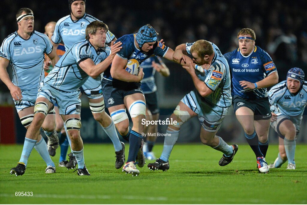 27 October 2012; Rhys Ruddock, Leinster, is tackled by James Down, left, and Scott Andrews Cardiff Blues. Celtic League 2012/13, Round 7, Leinster v Cardiff Blues, RDS, Ballsbridge, Dublin. Picture credit: Matt Browne / SPORTSFILE