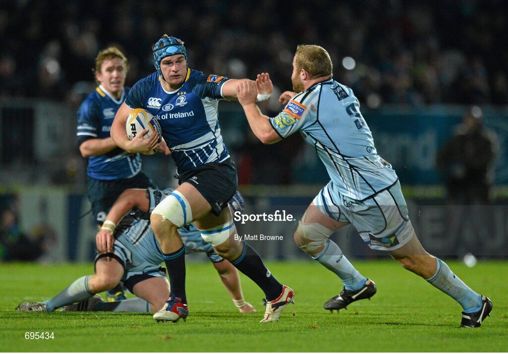 27 October 2012; Rhys Ruddock, Leinster, is tackled by Scott Andrews, Cardiff Blues. Celtic League 2012/13, Round 7, Leinster v Cardiff Blues, RDS, Ballsbridge, Dublin. Picture credit: Matt Browne / SPORTSFILE