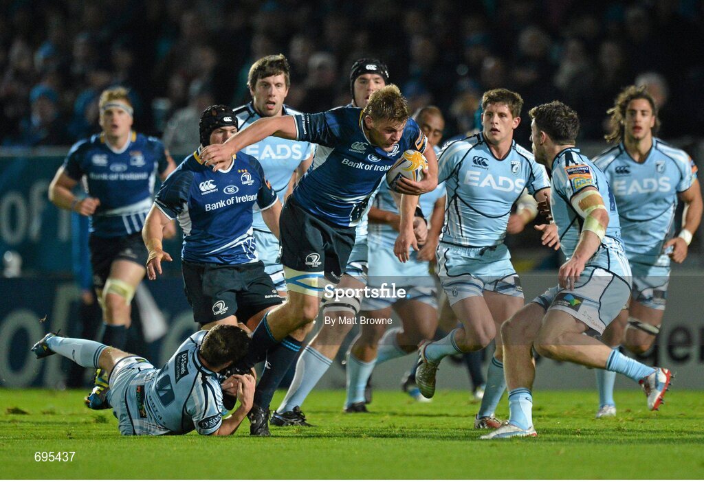 27 October 2012; Jordi Murphy, Leinster, is tackled by Jason Tovey, Cardiff Blues. Celtic League 2012/13, Round 7, Leinster v Cardiff Blues, RDS, Ballsbridge, Dublin. Picture credit: Matt Browne / SPORTSFILE
