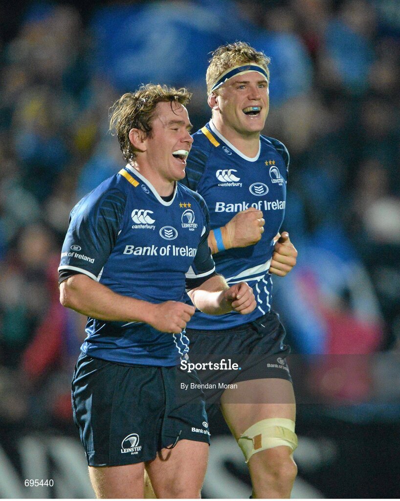 27 October 2012; Leinster's Eoin Reddan and Jamie Heaslip celebrate after Heaslips scored his second try of the game. Celtic League 2012/13, Round 7, Leinster v Cardiff Blues, RDS, Ballsbridge, Dublin. Picture credit: Brendan Moran / SPORTSFILE