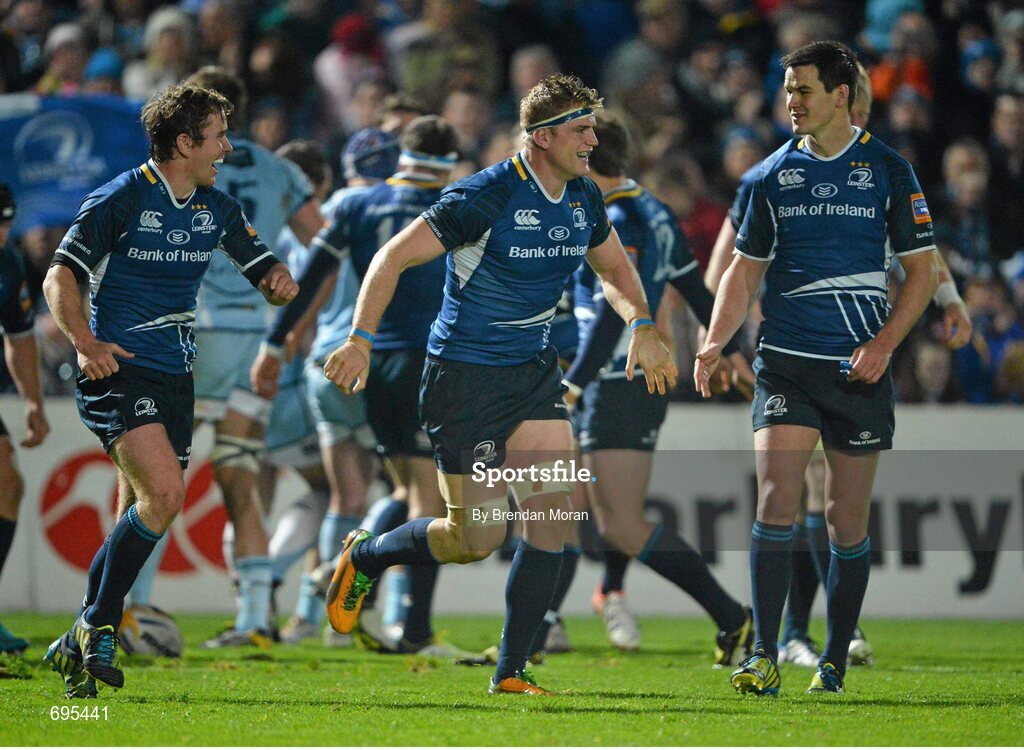 27 October 2012; Jamie Heaslip, Leinster, celebrates scoring his second, and his side's fifth, try with team-mates Eoin Reddan, left, and Jonathan Sexton. Celtic League 2012/13, Round 7, Leinster v Cardiff Blues, RDS, Ballsbridge, Dublin. Picture credit: Brendan Moran / SPORTSFILE