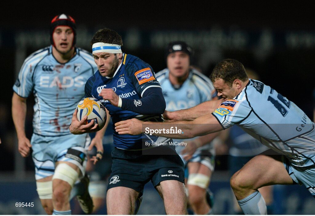 27 October 2012; Fergus McFadden, Leinster, is tackled by Jamie Roberts, Cardiff Blues. Celtic League 2012/13, Round 7, Leinster v Cardiff Blues, RDS, Ballsbridge, Dublin. Picture credit: Stephen McCarthy / SPORTSFILE