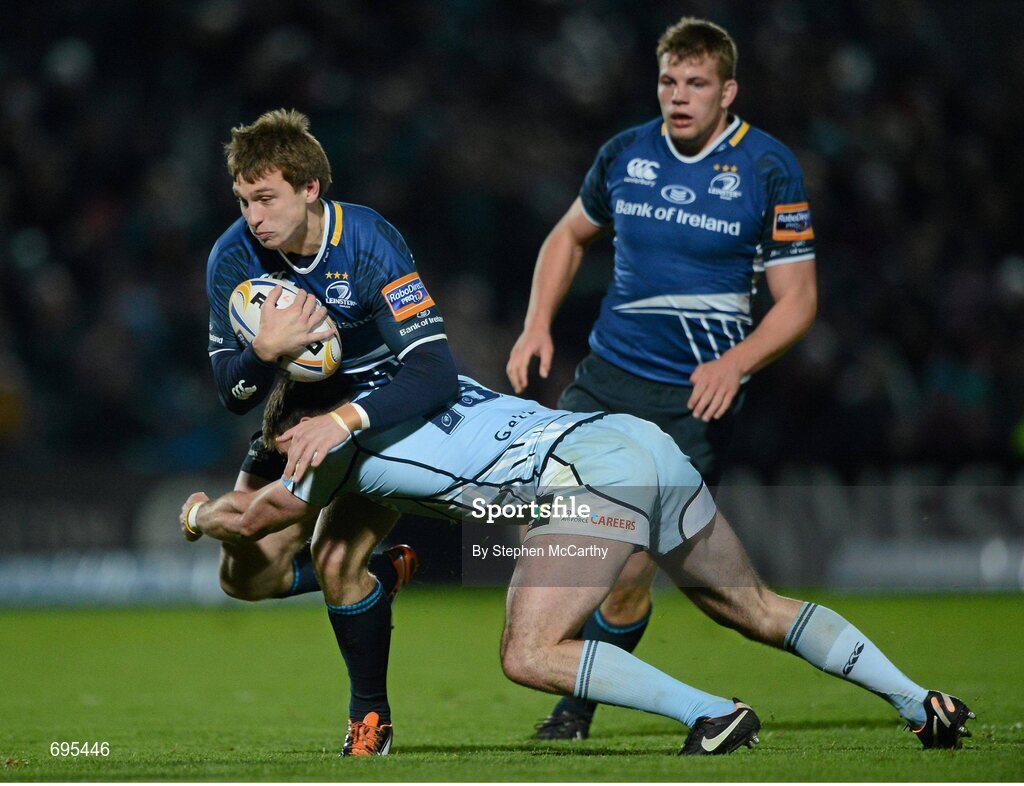 27 October 2012; Brendan Macken, Leinster, is tackled by Dafydd Hewitt, Cardiff Blues. Celtic League 2012/13, Round 7, Leinster v Cardiff Blues, RDS, Ballsbridge, Dublin. Picture credit: Stephen McCarthy / SPORTSFILE
