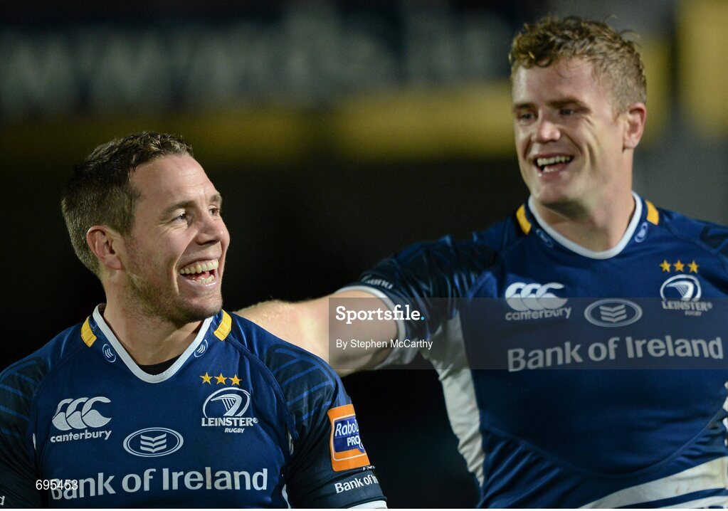 27 October 2012; Leinster's Isaac Boss, left, and Jamie Heaslip following their side's victory. Celtic League 2012/13, Round 7, Leinster v Cardiff Blues, RDS, Ballsbridge, Dublin. Picture credit: Stephen McCarthy / SPORTSFILE