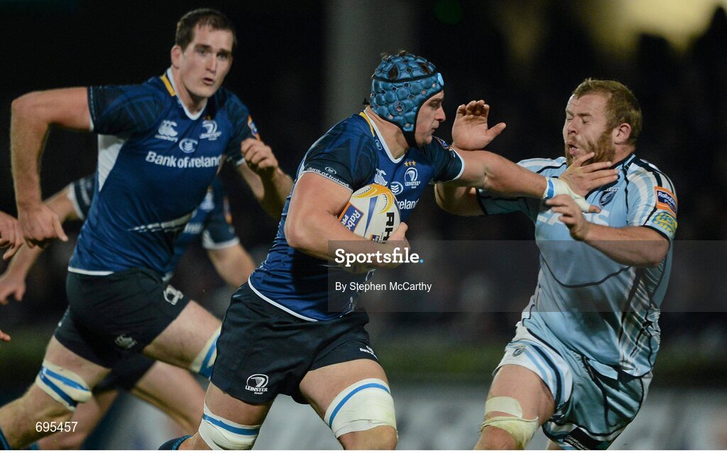 27 October 2012; Rhys Ruddock, Leinster, is tackled by Scott Andrews, Cardiff Blues. Celtic League 2012/13, Round 7, Leinster v Cardiff Blues, RDS, Ballsbridge, Dublin. Picture credit: Stephen McCarthy / SPORTSFILE