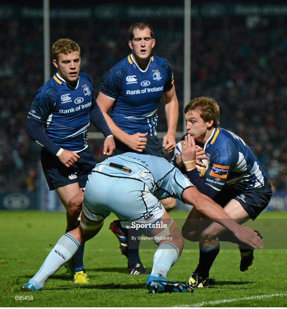 27 October 2012; Brendan Macken, Leinster, is tackled by Andries Pretorius, Cardiff Blues. Celtic League 2012/13, Round 7, Leinster v Cardiff Blues, RDS, Ballsbridge, Dublin. Picture credit: Stephen McCarthy / SPORTSFILE
