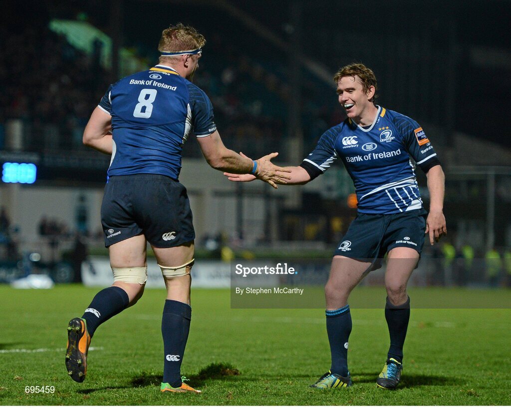 27 October 2012; Jamie Heaslip, Leinster, celebrates after scoring his side's fifth try with team-mate Eoin Reddan, right. Celtic League 2012/13, Round 7, Leinster v Cardiff Blues, RDS, Ballsbridge, Dublin. Picture credit: Stephen McCarthy / SPORTSFILE